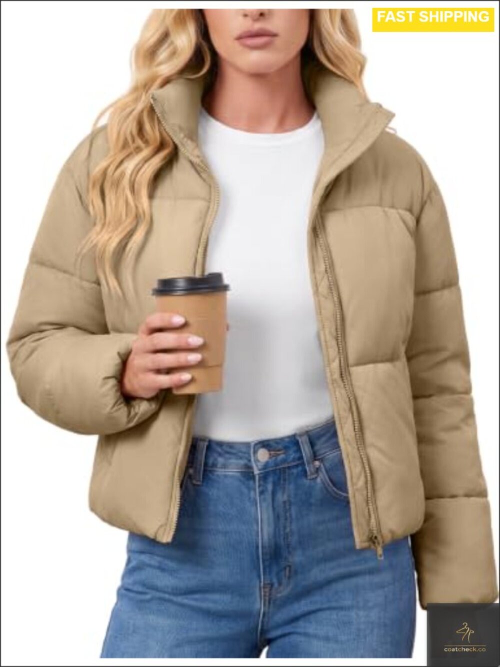 Womens Cropped Quilted Puffer Jacket Zip Up Stand Collar Winter Coat